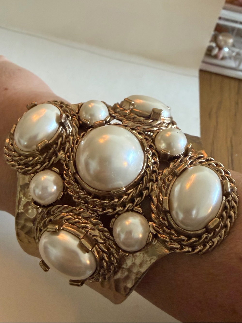 Hammered Gold Statement Cuff w/Oversized Pearl Cabochons in a Maltese Cross Form